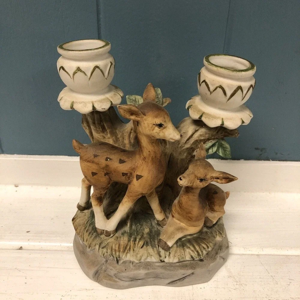 Vtg Fawn Deer Double Taper Candle 5.5” Holder Figurine Made In Japan‎